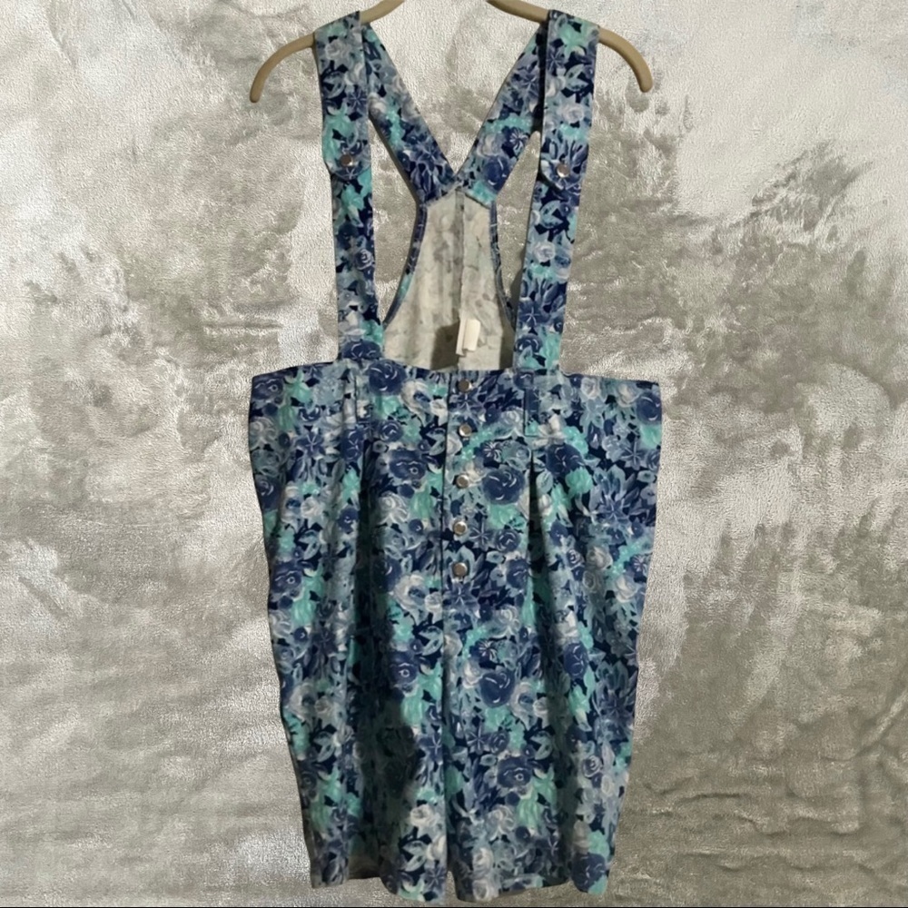 Eber San Francisco Retro Blue Floral Denim Short Overalls Button Fly Large 90s - Picture 2 of 7